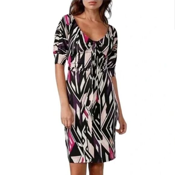 Diane von Furstenberg 100% Silk Geometric Print Tie Front Mini Dress Size 6 - Picture 1 of 10